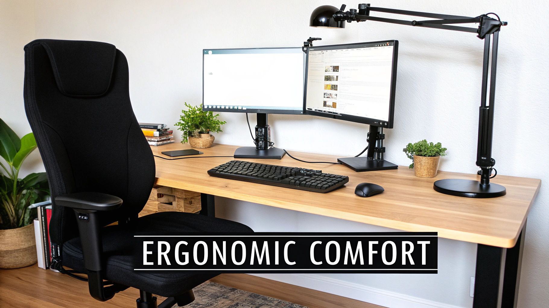 An ergonomic home office setup featuring a black chair, wooden desk, dual monitors, and a desk lamp.