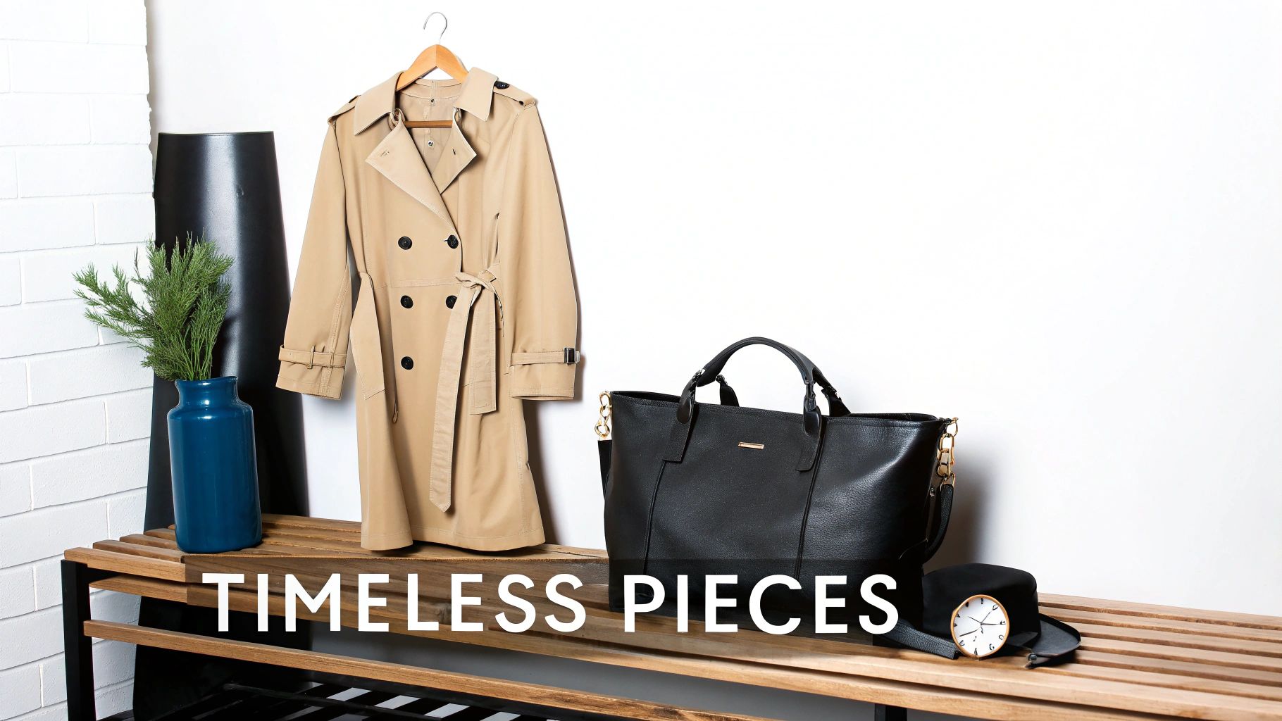 A beige trench coat, black tote bag, and a clock on a hat displayed on a wooden bench.