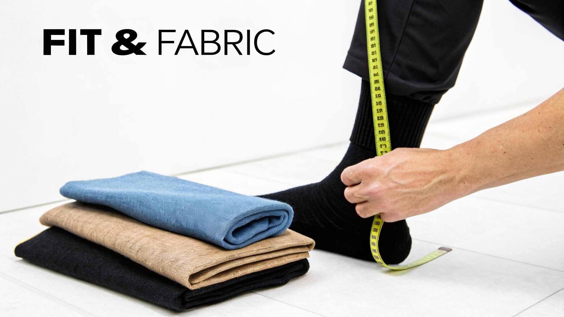 Person measuring compression sock leg opening with folded socks in blue, beige, and black colors nearby