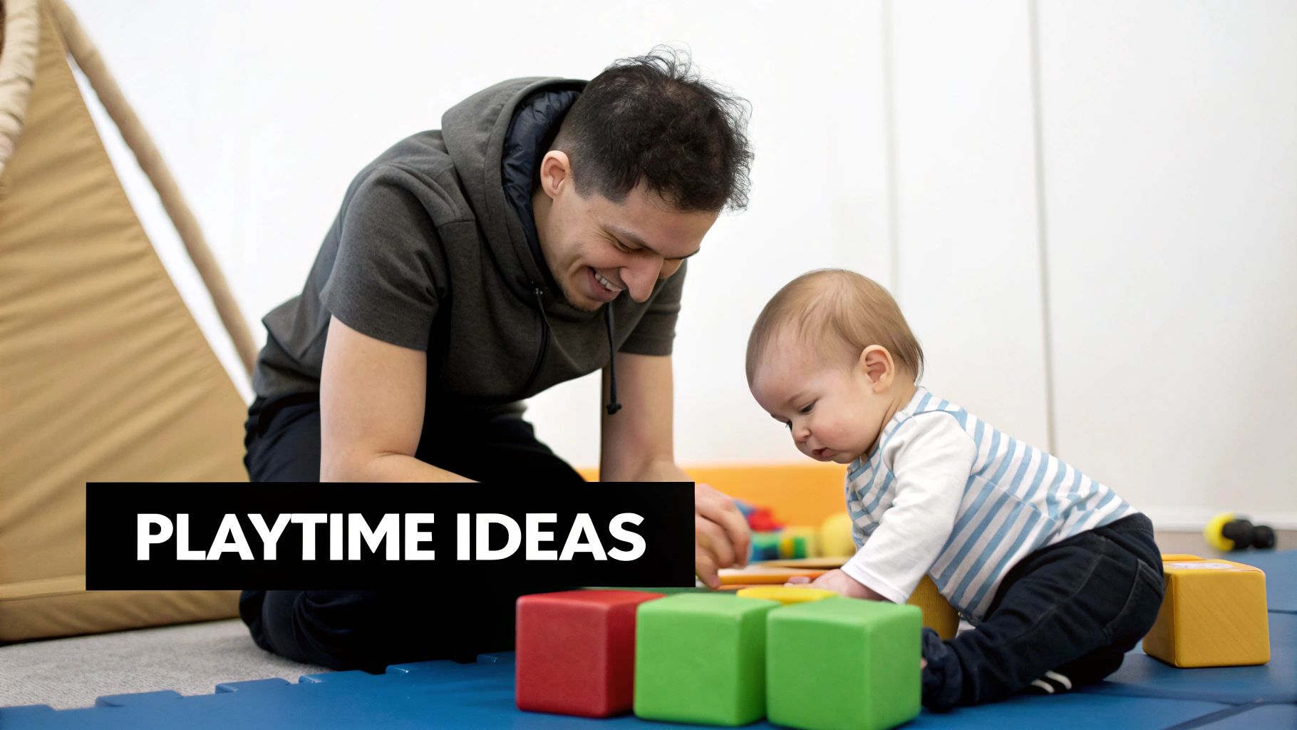 A parent and their 6-month-old baby playing together on the floor with colorful toys.