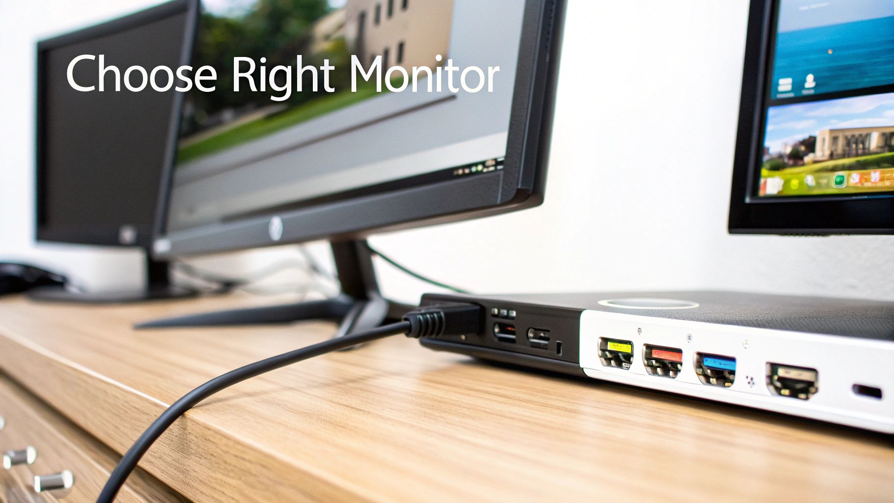 A desk with two computer monitors and a docking station, with text 'Choose Right Monitor'.
