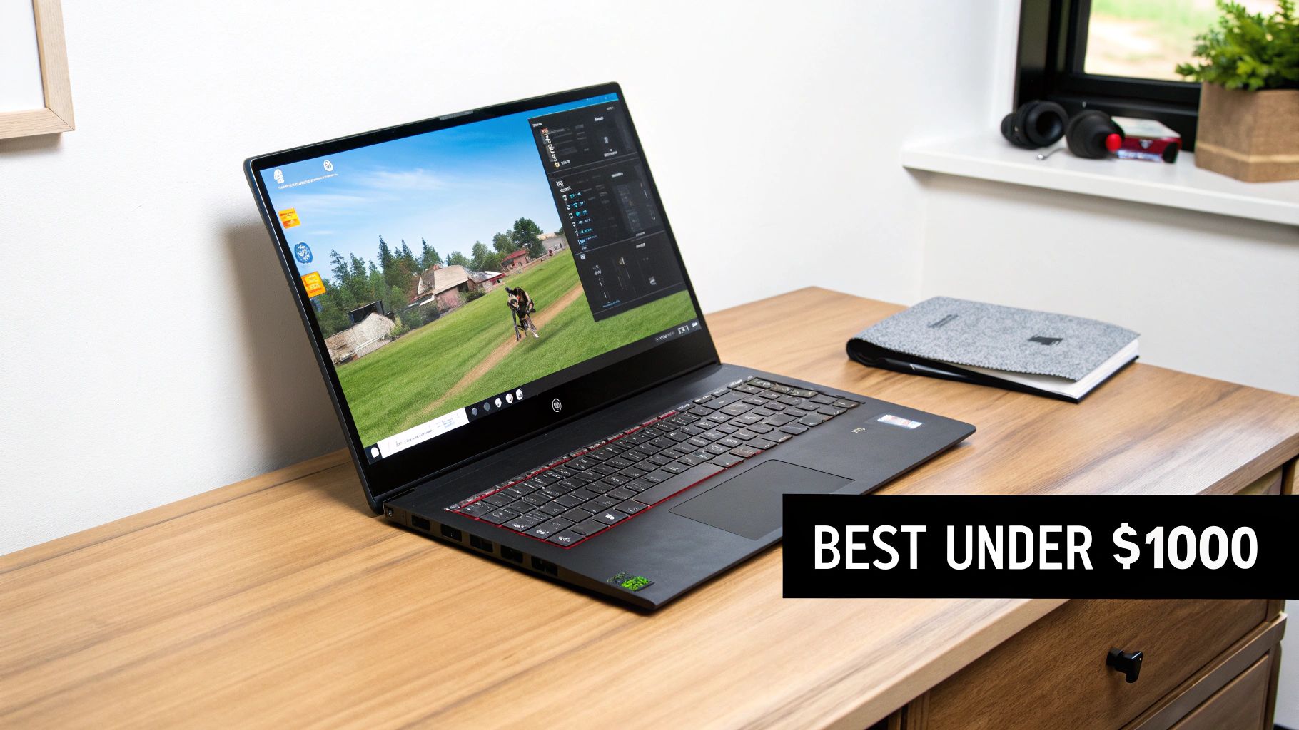 A black gaming laptop displaying a video game on a wooden desk with a notebook and plant.