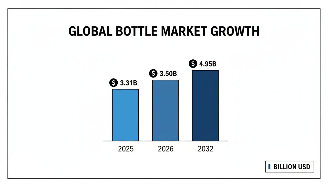 Bar chart illustrating global bottle market growth projections from 2025 to 2032 in billion USD.