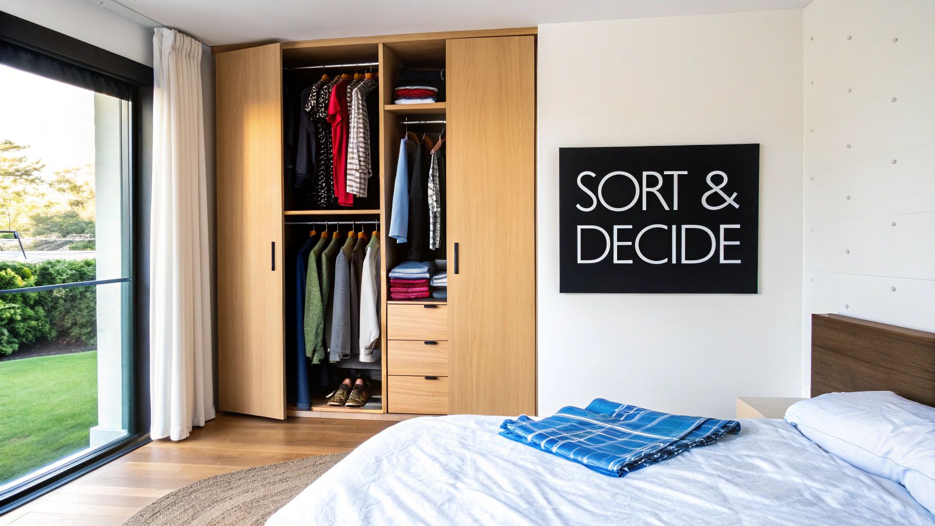 A modern bedroom with an open wooden closet, organized clothes, a bed, and a window.