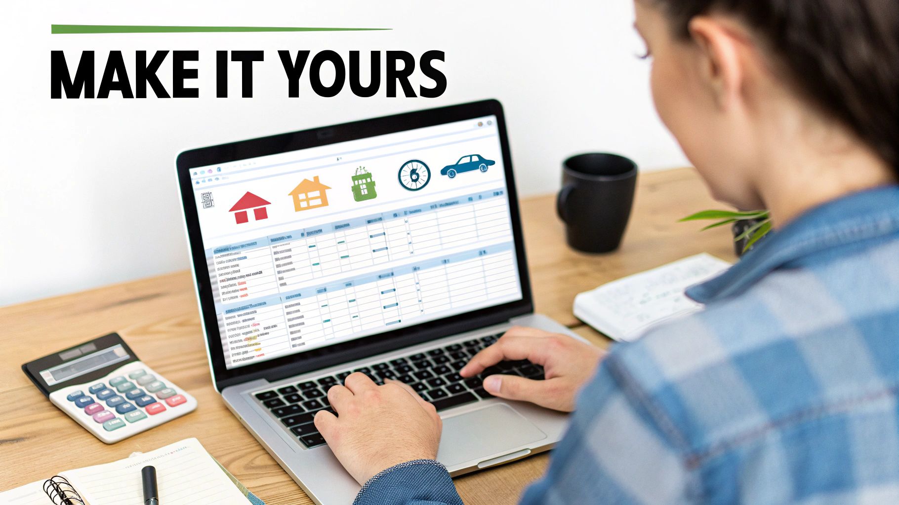 A woman typing on a laptop, managing her monthly household budget with various financial categories.