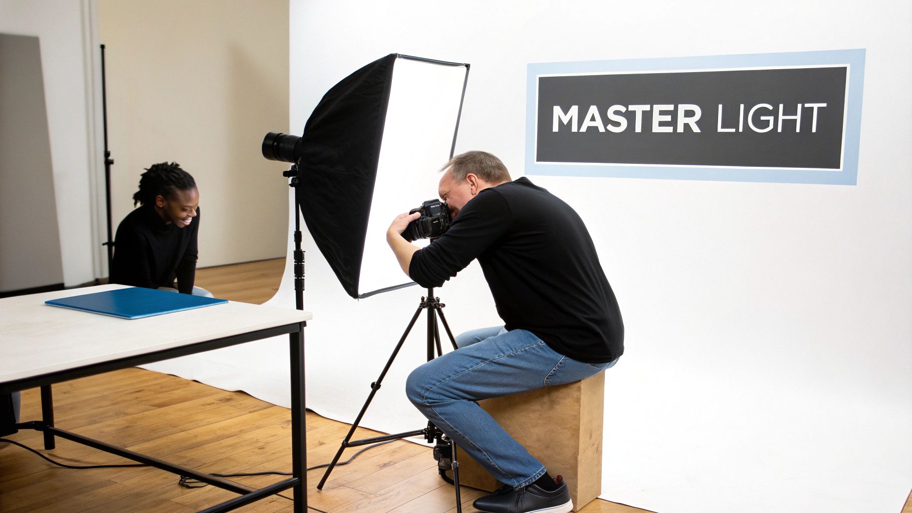 A photographer captures a portrait of a smiling woman in a studio with professional lighting.