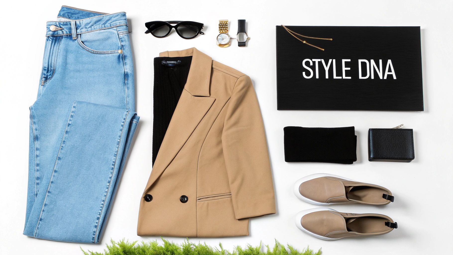 A flat lay of a stylish women's outfit with jeans, a blazer, accessories, and a 'STYLE DNA' sign.