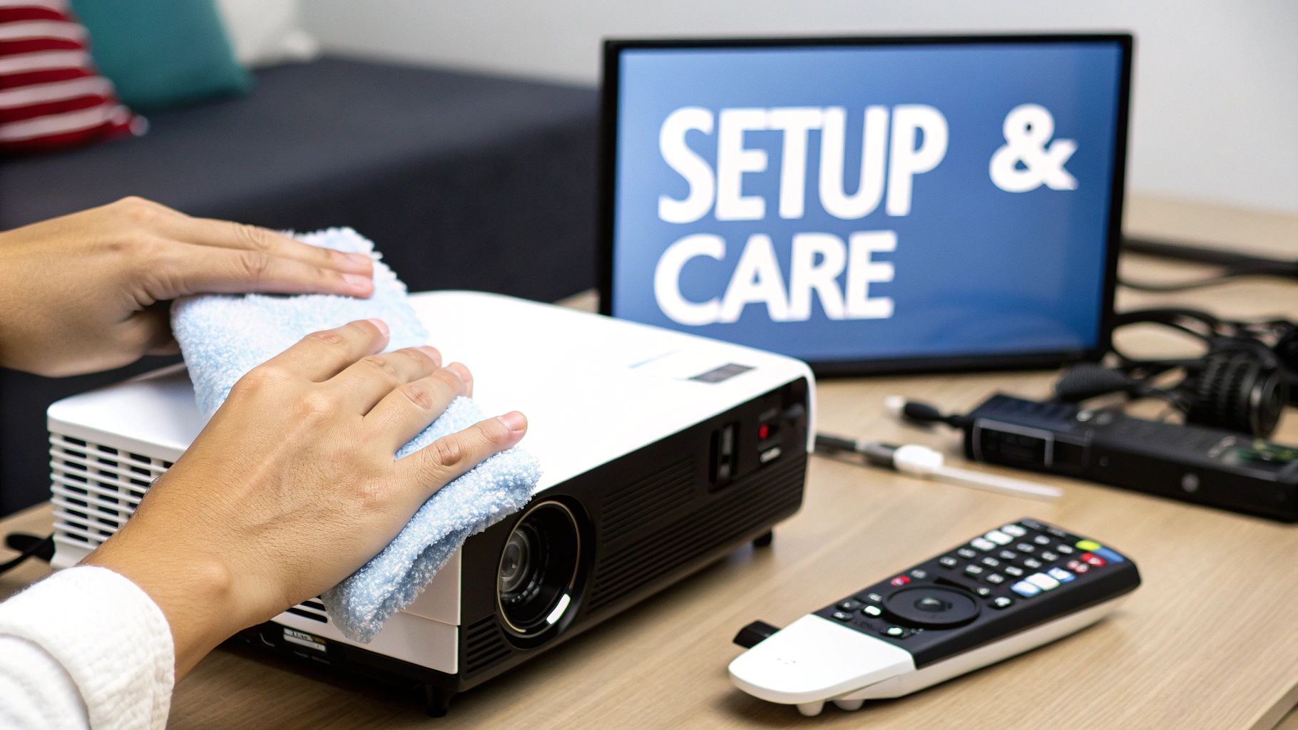 Hands cleaning a white projector with a blue cloth, with a 'SETUP & CARE' screen in the background.