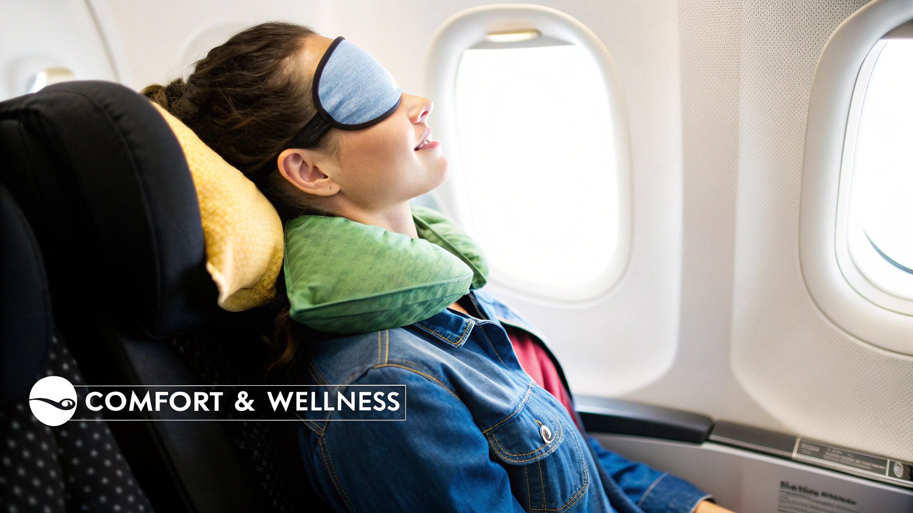 A person sleeping comfortably on a plane using a travel pillow and eye mask.