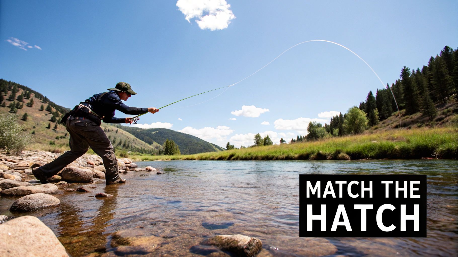 A fly fisherman casting a line into a serene river at sunset