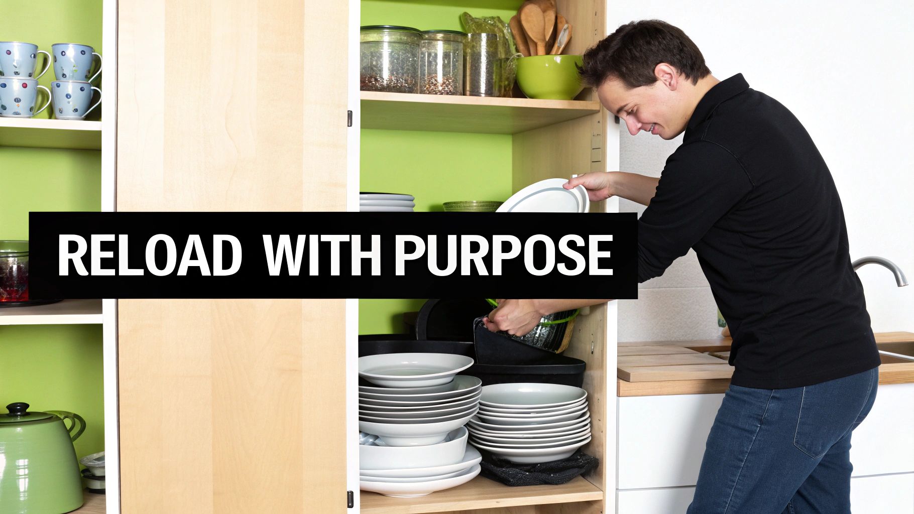A person neatly arranging plates and bowls inside a clean kitchen cabinet.