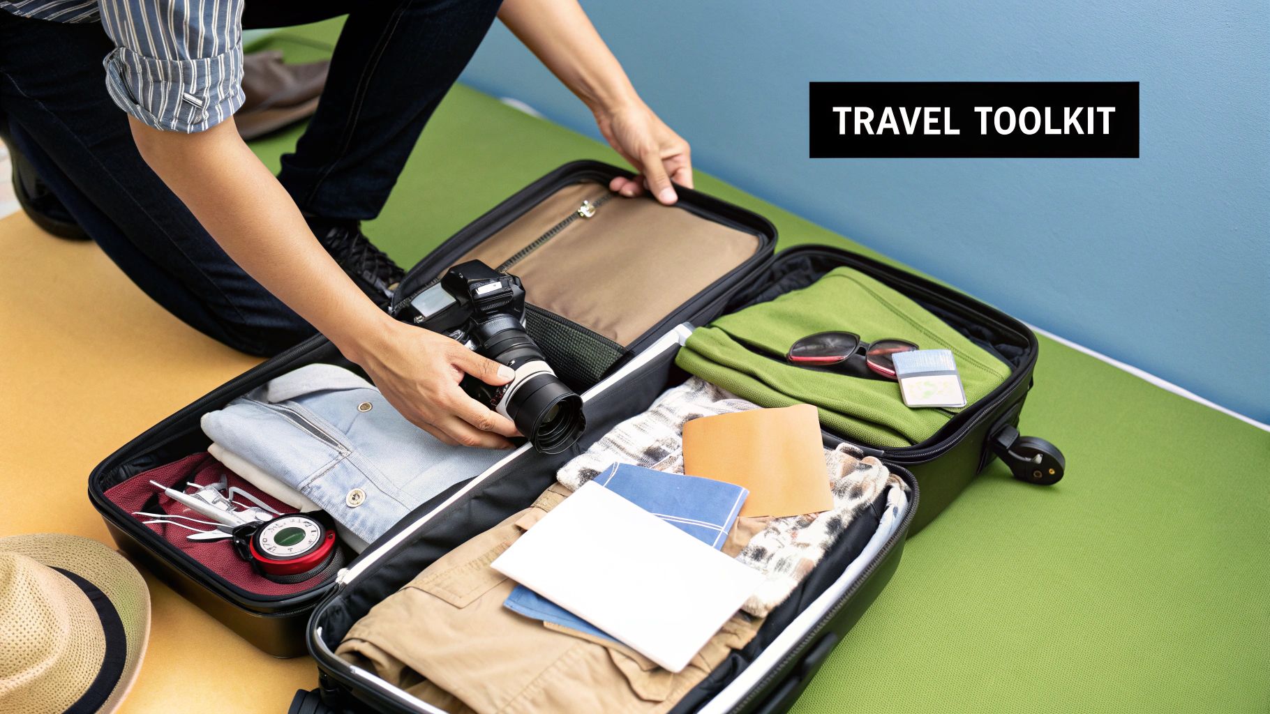 A collection of well-organized travel accessories laid out on a surface, including a passport, headphones, and a portable charger.