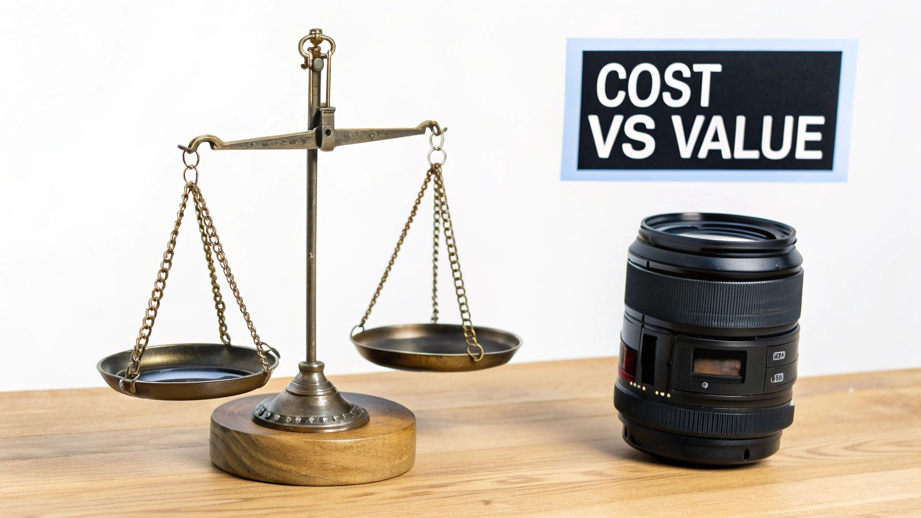 A balance scale, camera lens, and 'COST VS VALUE' sign, symbolizing a comparison of expenses versus worth.
