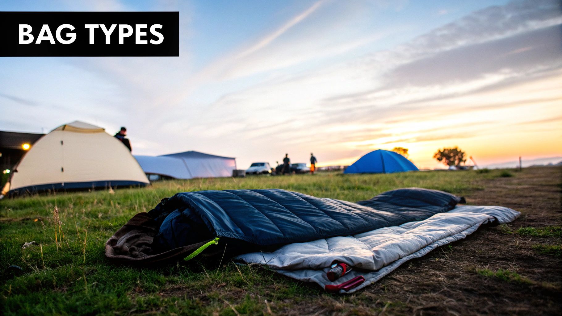 Two people in sleeping bags inside a tent, looking comfortable and happy