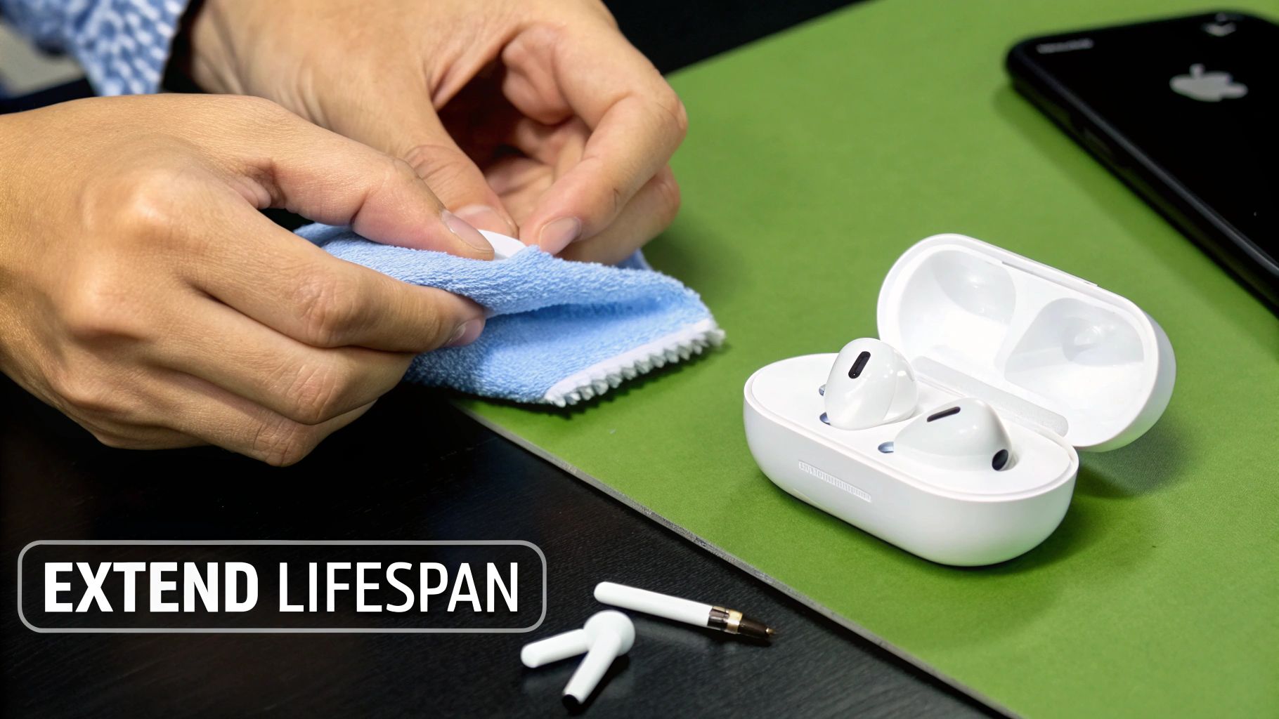 Person cleaning a white wireless earbud with a blue cloth to extend its lifespan.