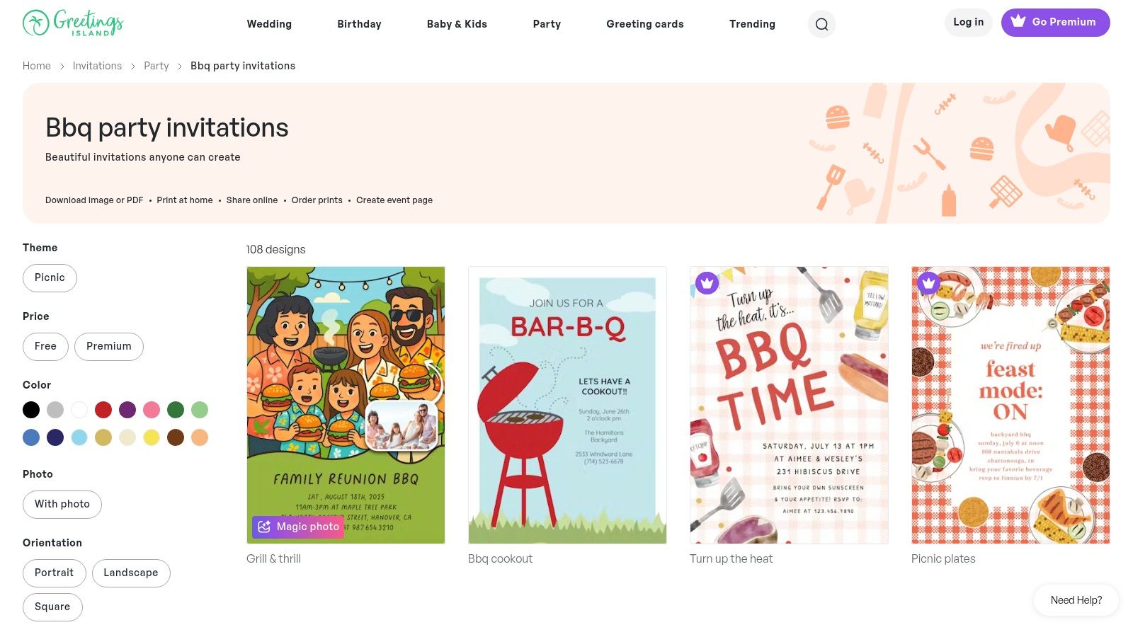 A screenshot of the Greetings Island website showing various BBQ invitation templates with fun illustrations and clear event details.