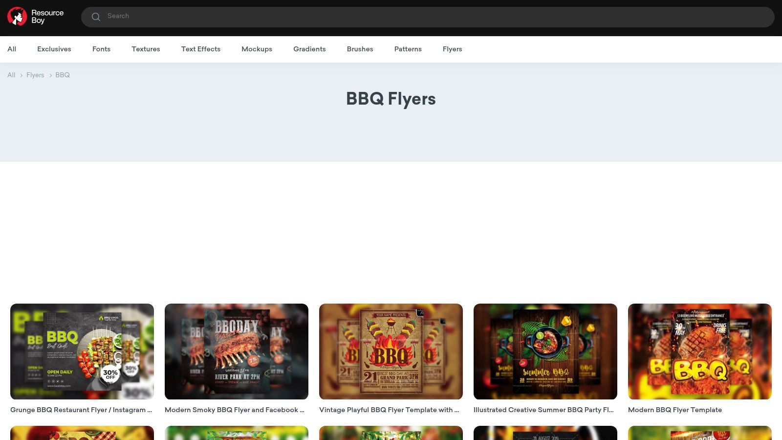 A screenshot of the Resource Boy website displaying several dark and stylized BBQ flyer templates in PSD format.