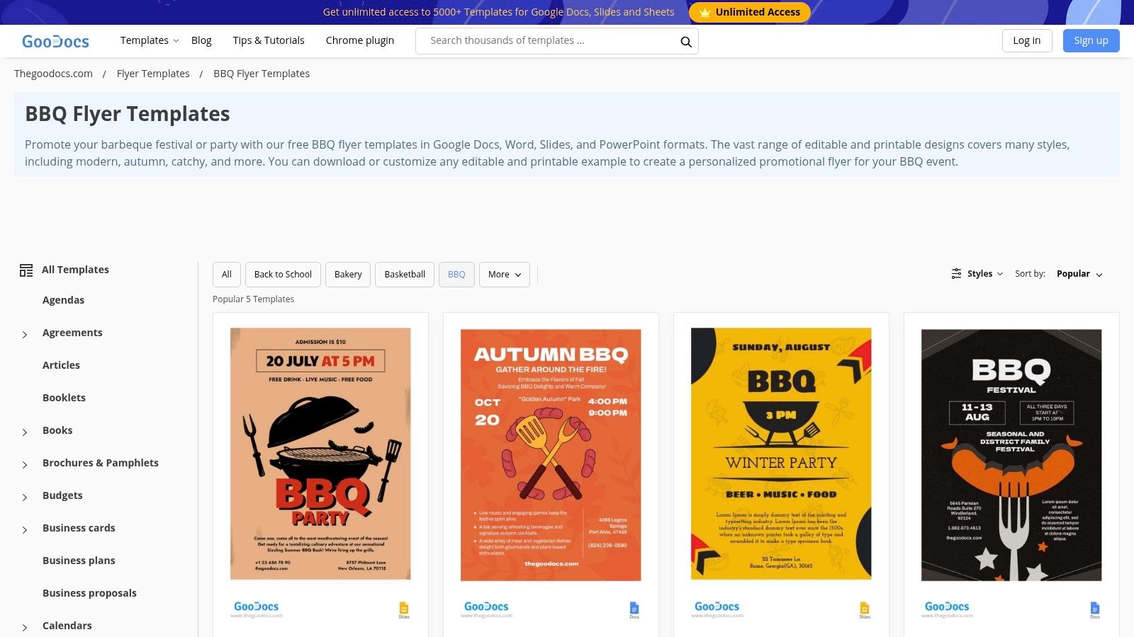 A screenshot of TheGoodocs website displaying a vibrant BBQ flyer template with illustrations of grilling tools and food.