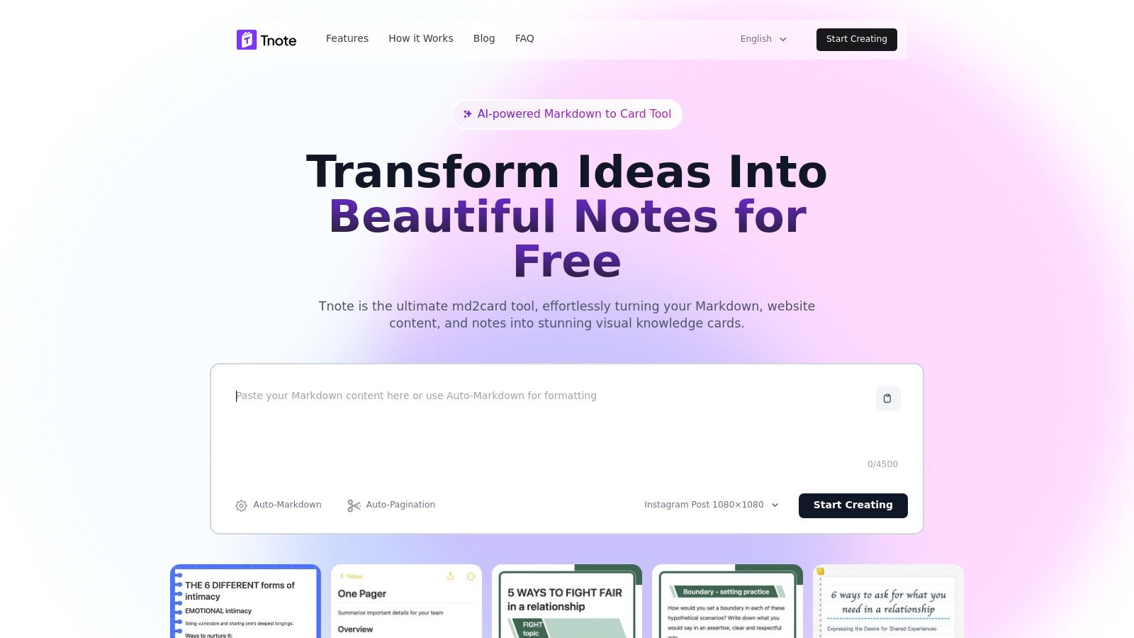TNote Interface showcasing a visual knowledge card being created from Markdown text.