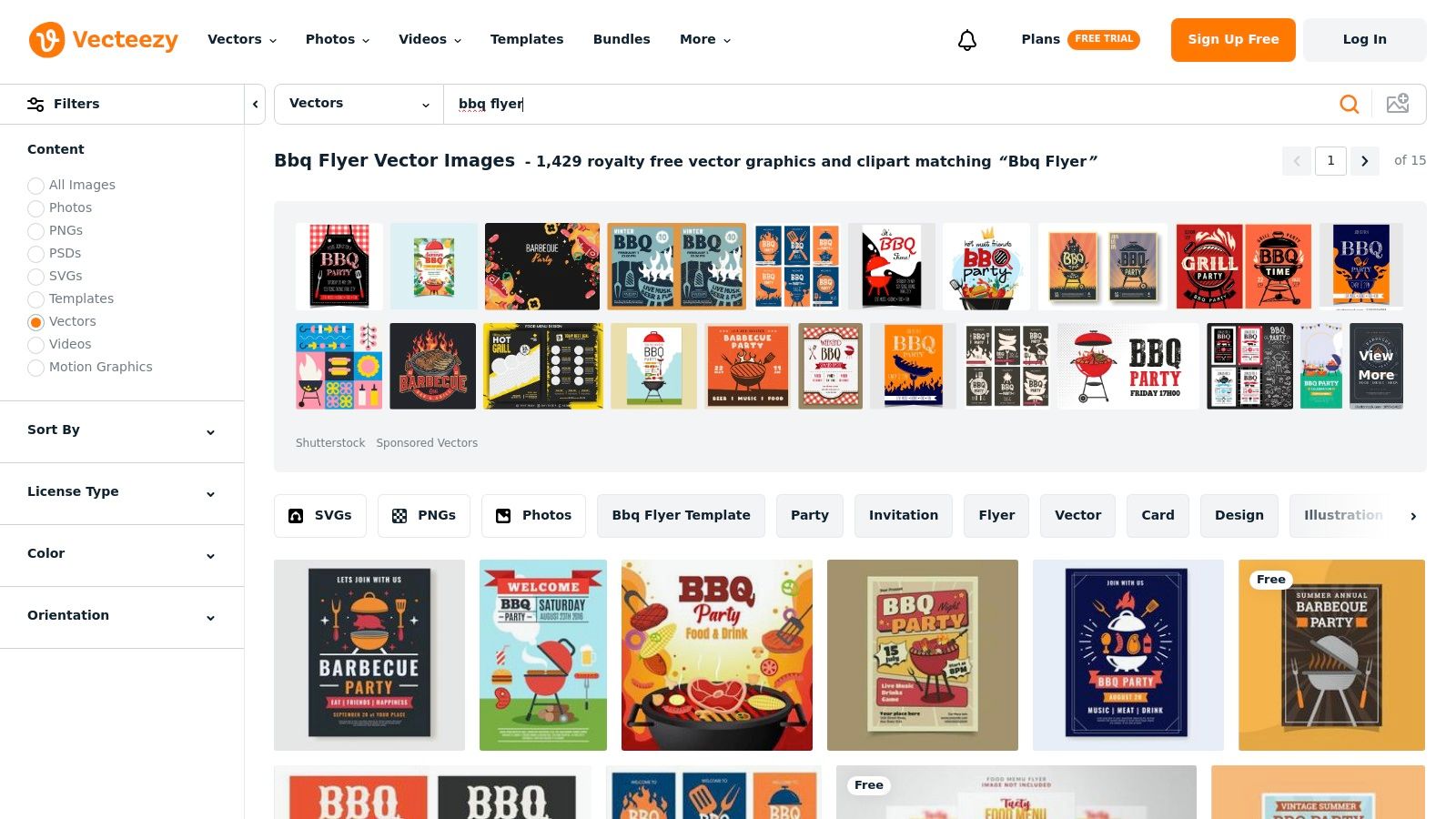 A screenshot of the Vecteezy website displaying a variety of BBQ-themed flyer templates and vector art.