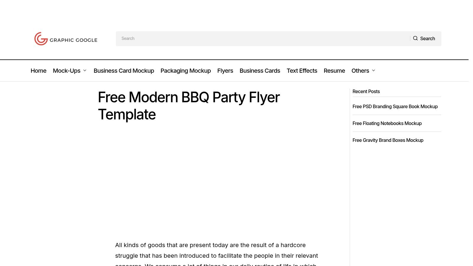 A sleek, modern BBQ flyer template from Graphic Google showing a top-down view of grilled food on a dark background.