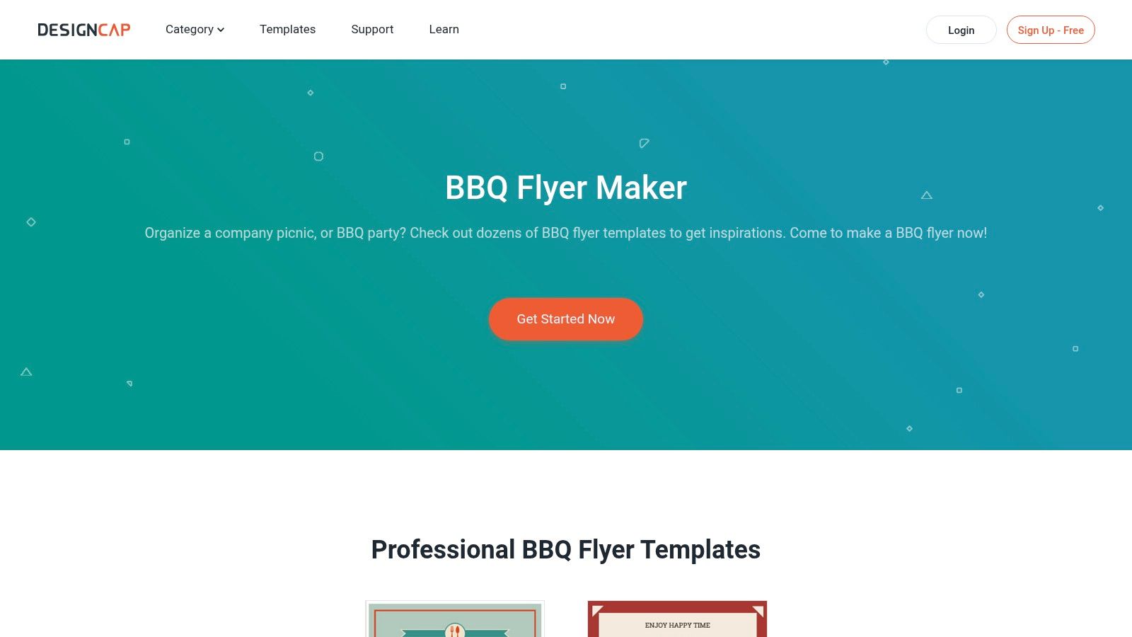 A screenshot of the DesignCap website showcasing a vibrant BBQ flyer template with bold fonts and an image of grilled meat.