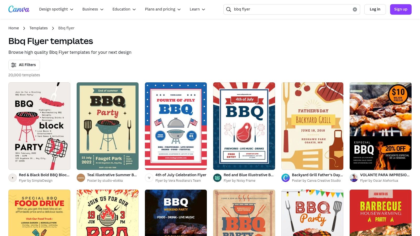 A screenshot of the Canva website displaying a variety of modern and clean BBQ flyer templates.