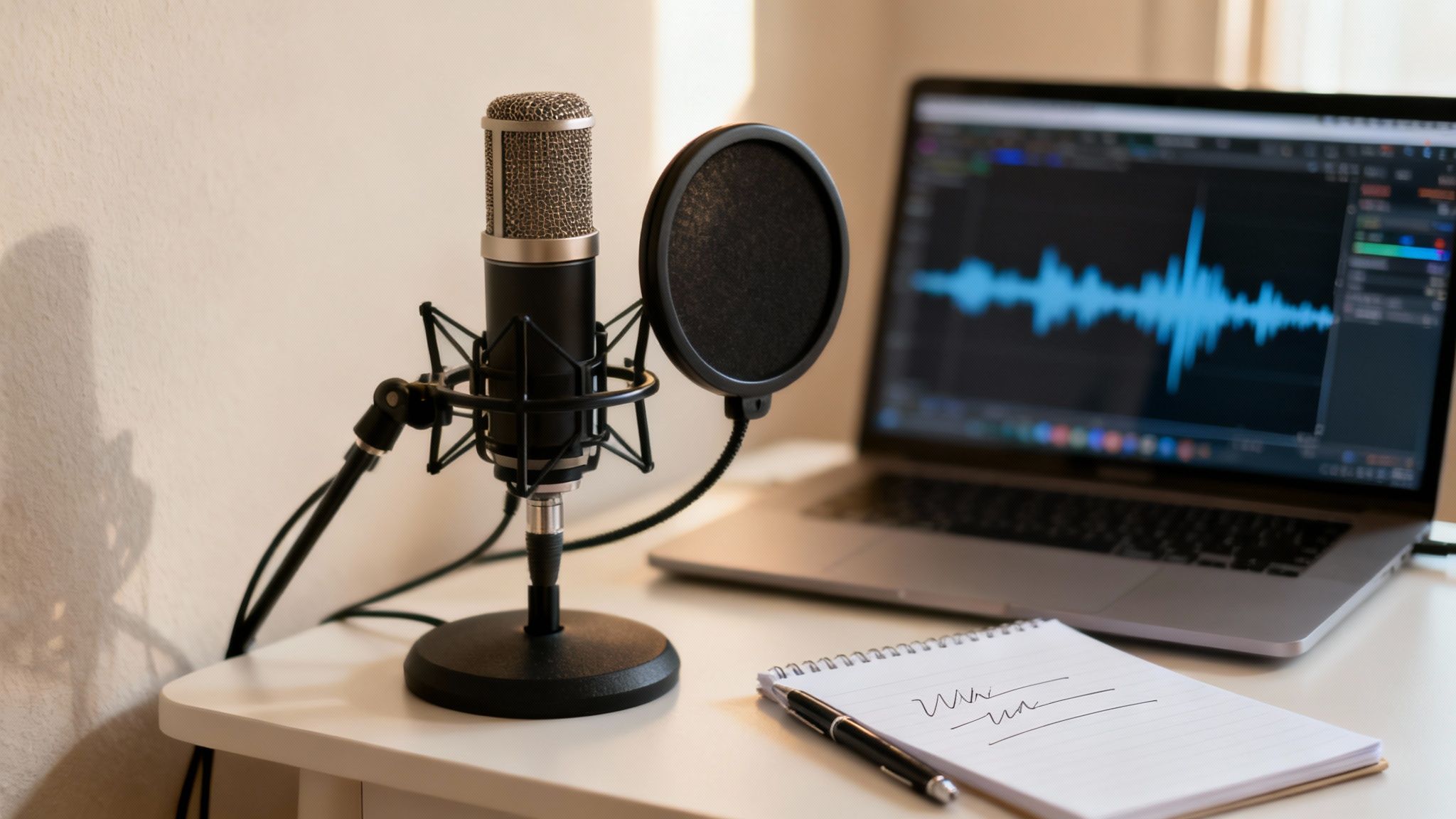 A recording studio setup with a microphone, pop filter, laptop displaying audio waveform, notepad, and pen on a white desk.