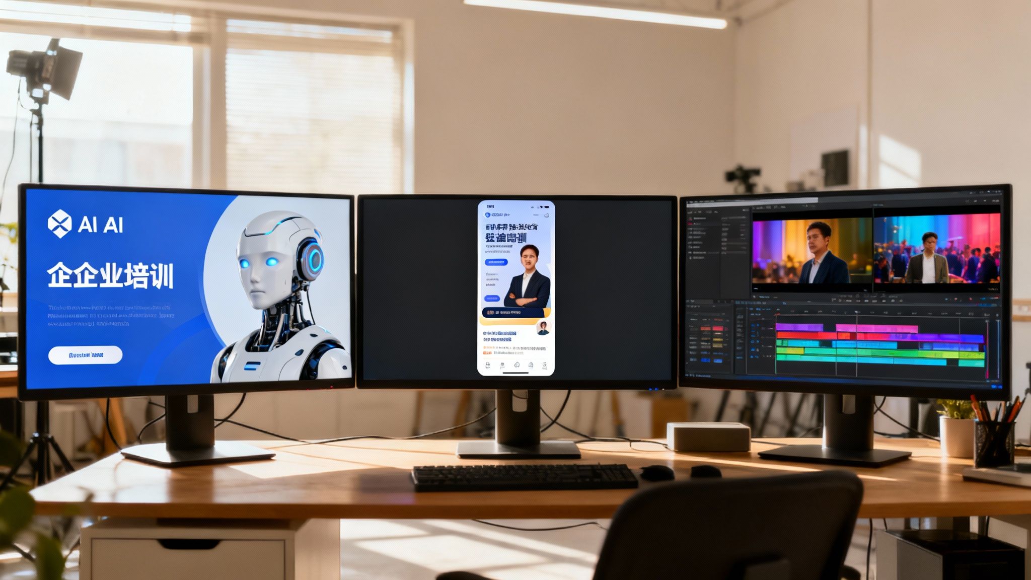 Three computer monitors on a wooden desk displaying AI software, a mobile app, and video editing software.