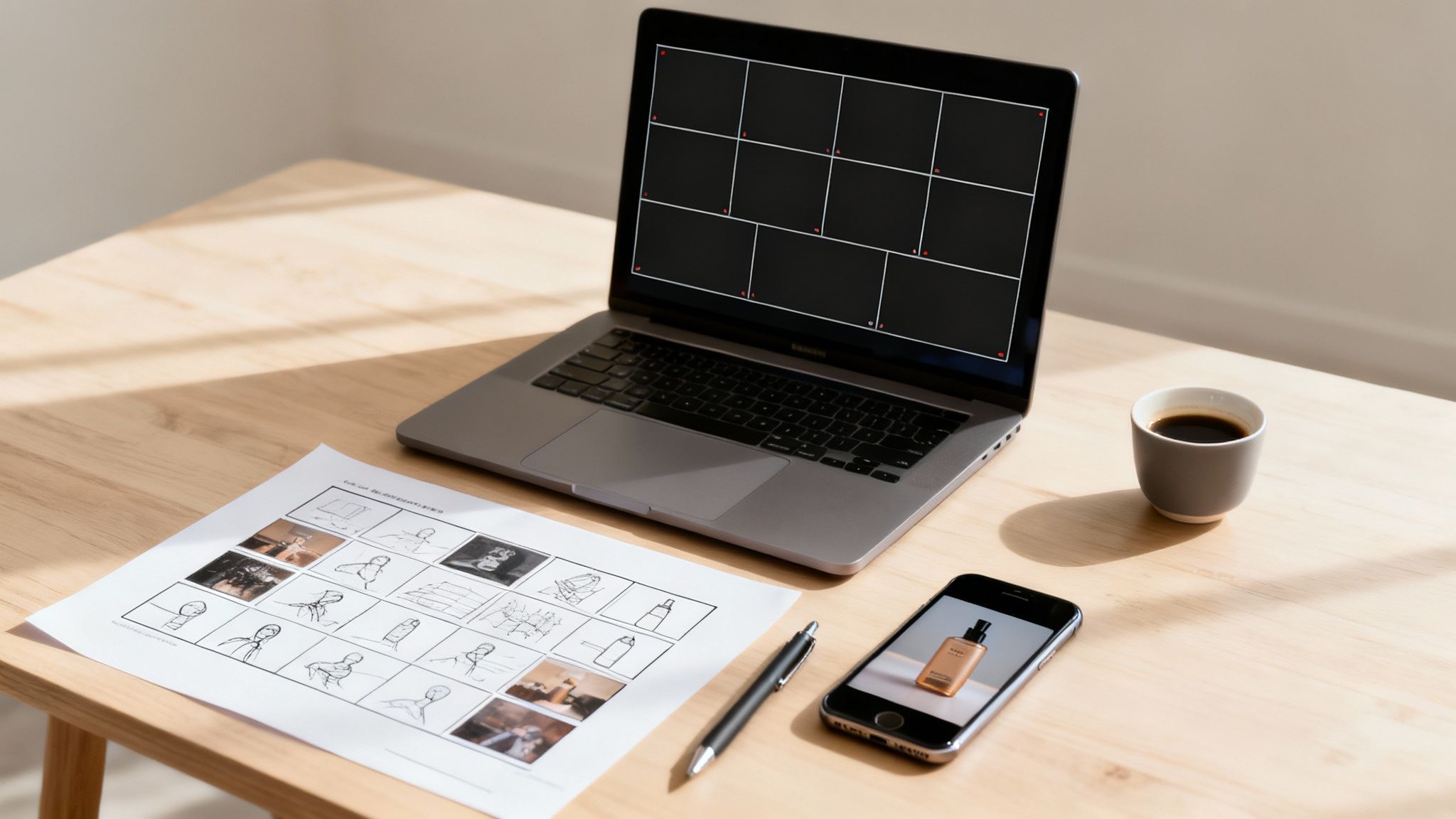 A bright desk with a laptop, a storyboard, a smartphone showing a product, and coffee.