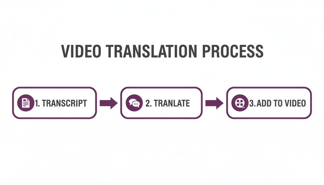 A diagram showing the three-step video translation process: transcript, translate, and add to video.