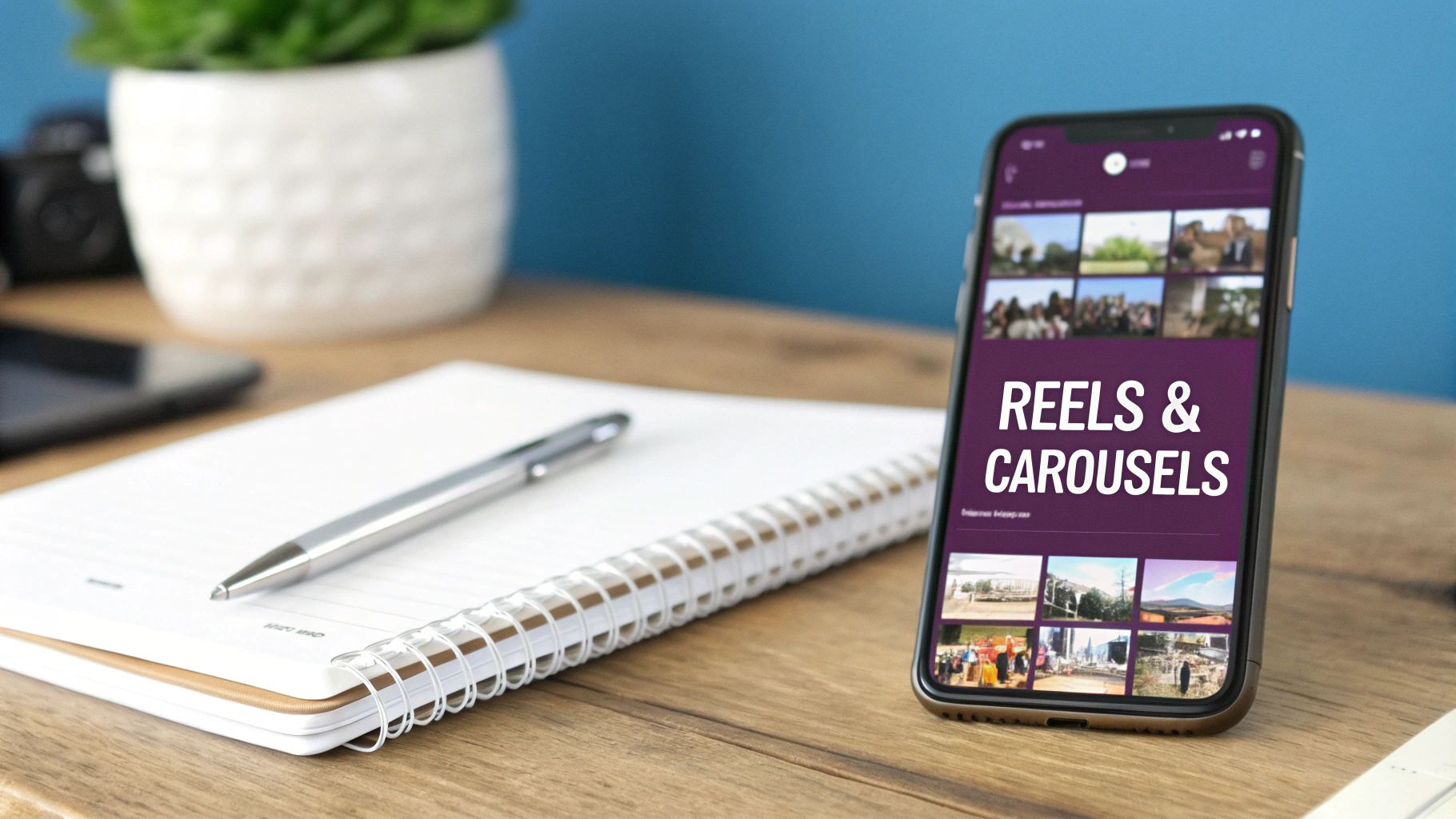 Smartphone showing 'REELS & CAROUSELS' content on a wooden desk with a notebook and pen.