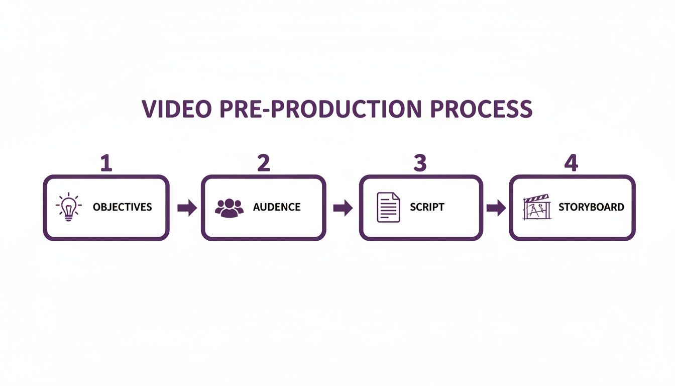 A flowchart illustrates the four steps of the video pre-production process: Objectives, Audience, Script, Storyboard.