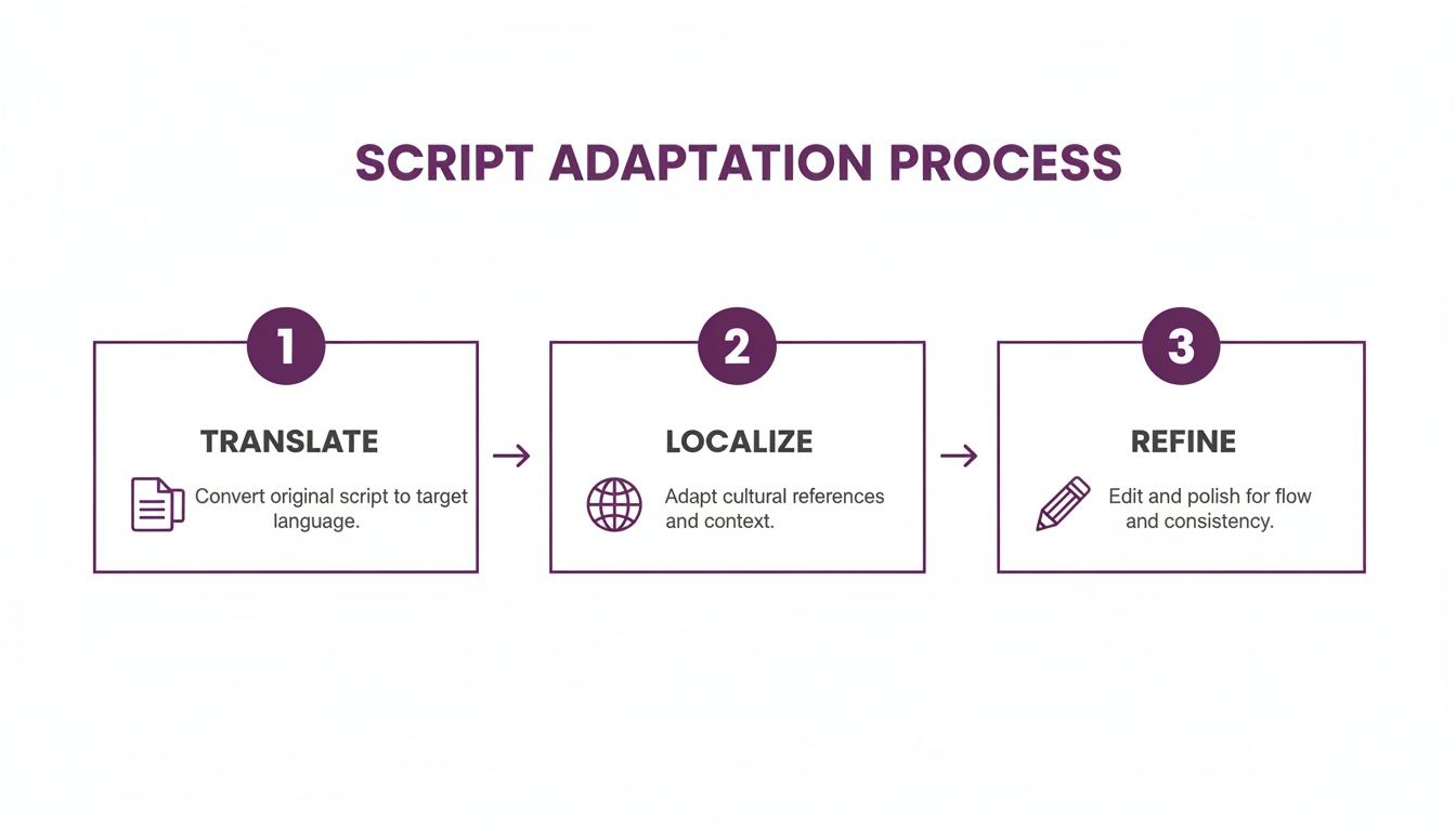 A three-step script adaptation process: translate, localize, and refine with icons and descriptions.