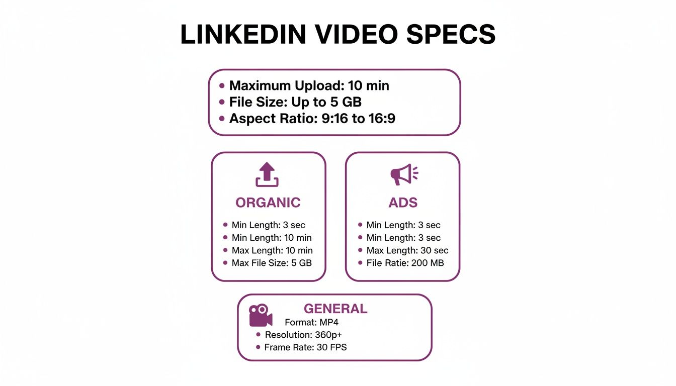 A visual guide outlining LinkedIn video specifications for organic posts, ads, and general technical requirements.