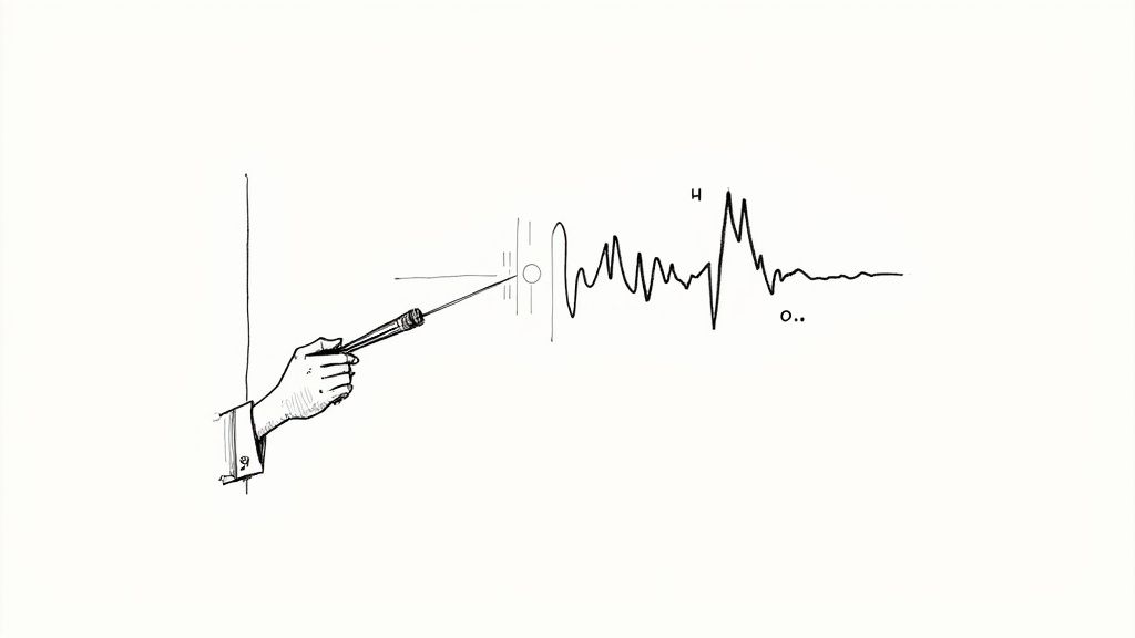 A person at a mixing board, directing sound waves, symbolizing the act of directing an AI voice actor.