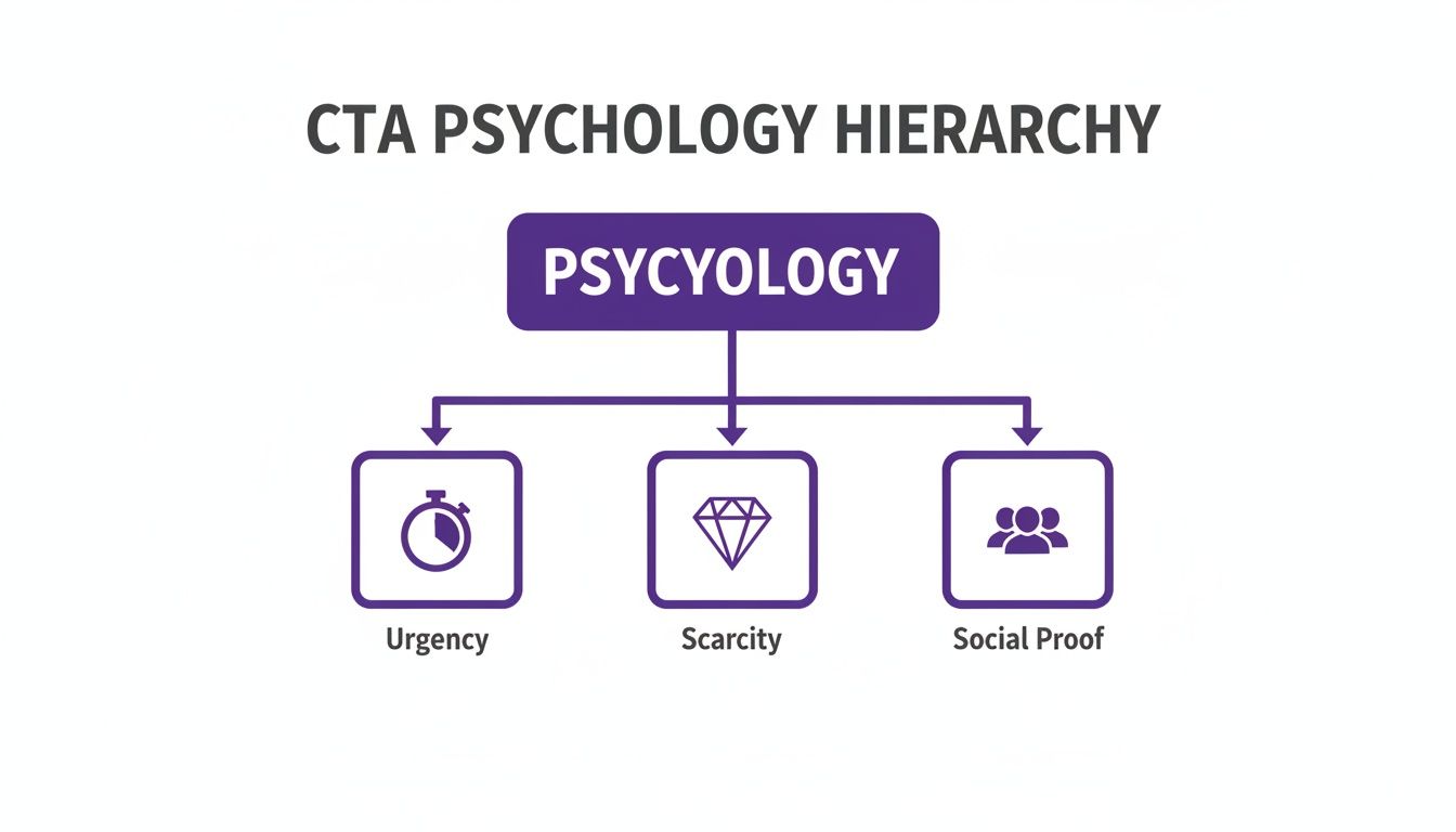 A hierarchy diagram illustrating CTA psychology principles: urgency, scarcity, and social proof.