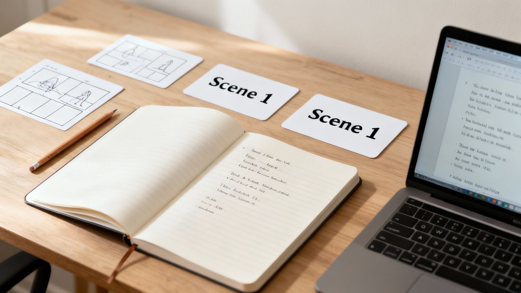 A wooden desk with storyboards, scene cards, an open notebook, pencil, and laptop, depicting film production planning.