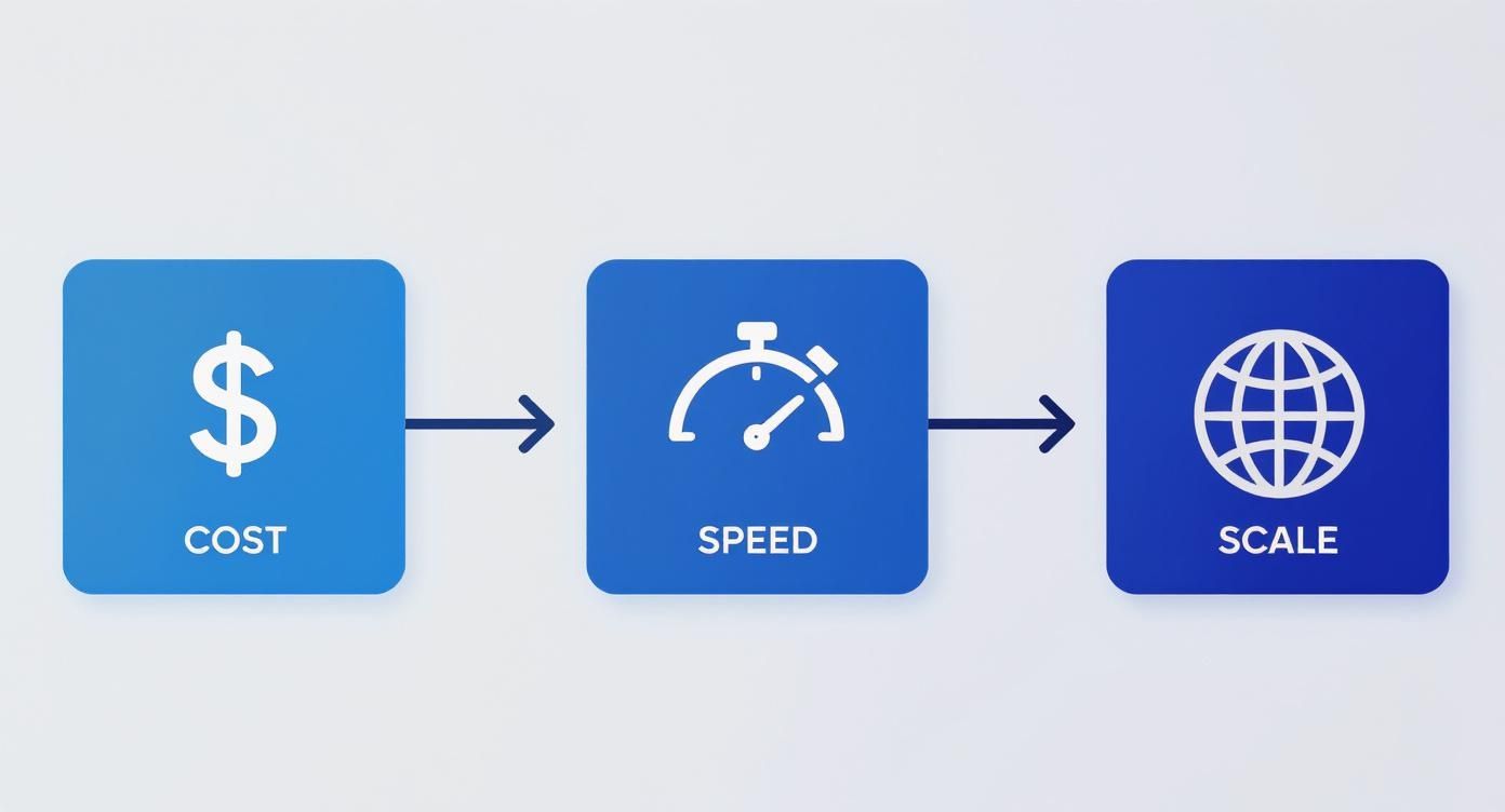 Infographic displaying three blue icons: cost (dollar sign), speed ( speedometer), and scale (globe) with arrows connecting them.