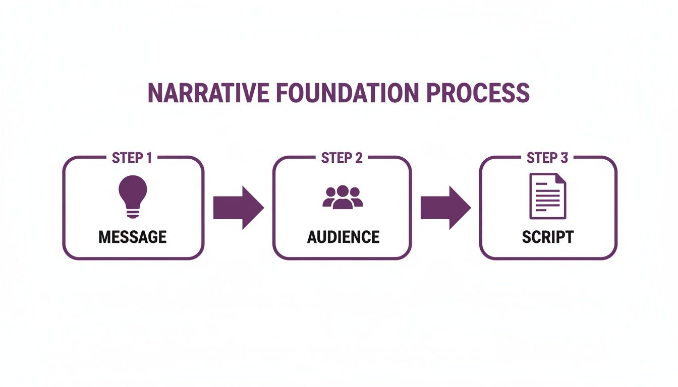 A process diagram showing the narrative foundation steps: message, audience, and script development.