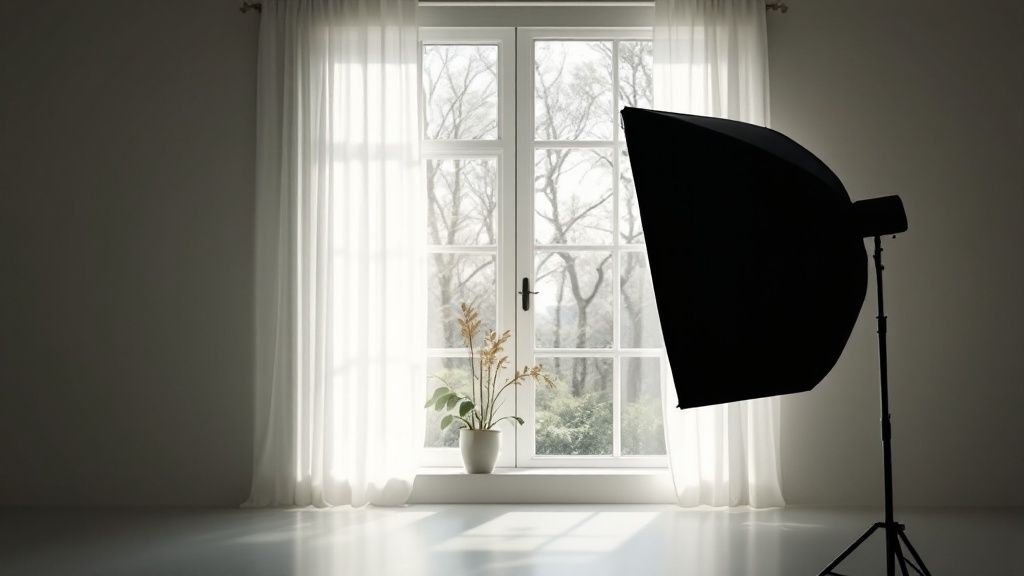 A close-up of a modern LED panel light used for video production.