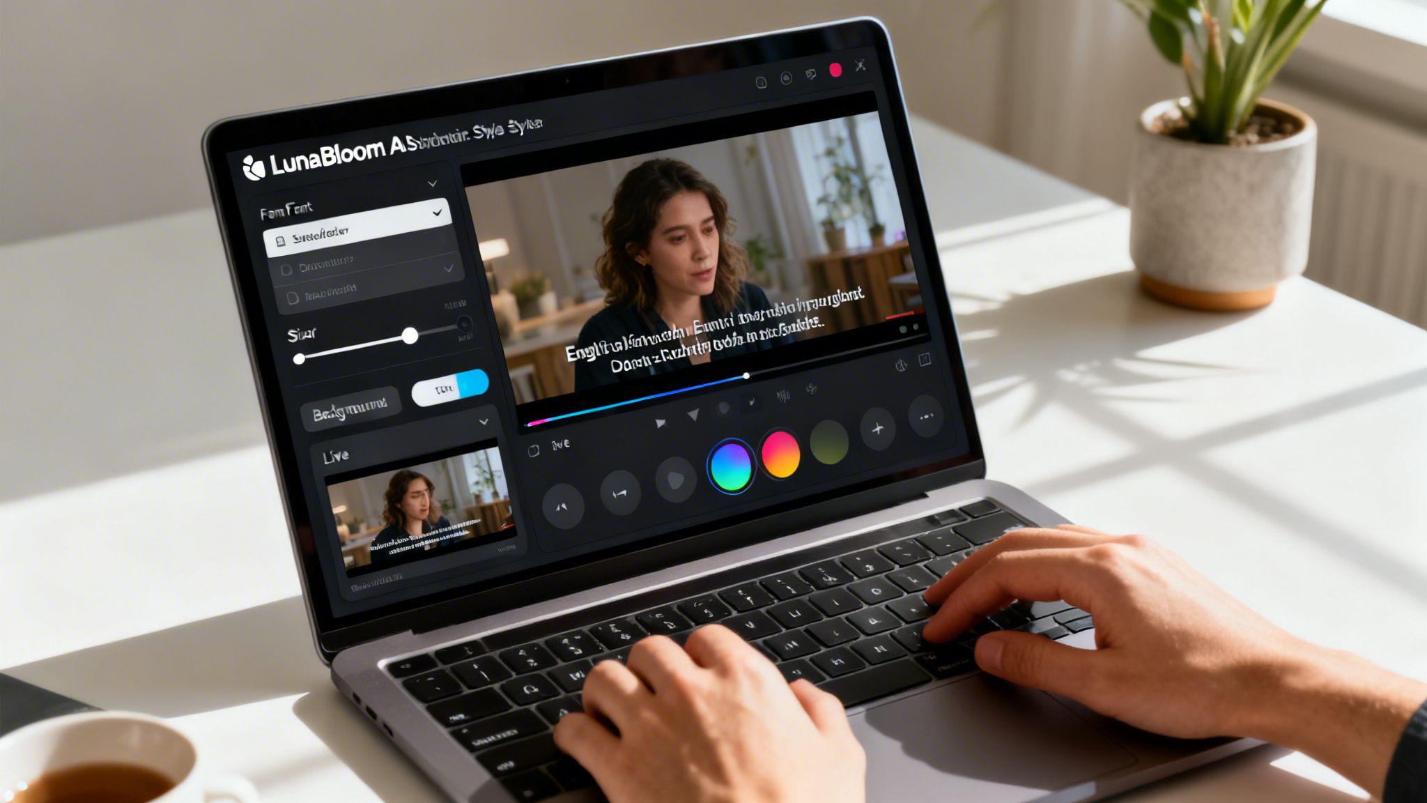 Person's hands typing on a laptop displaying LunaBloom AI subtitle editing software with a video.
