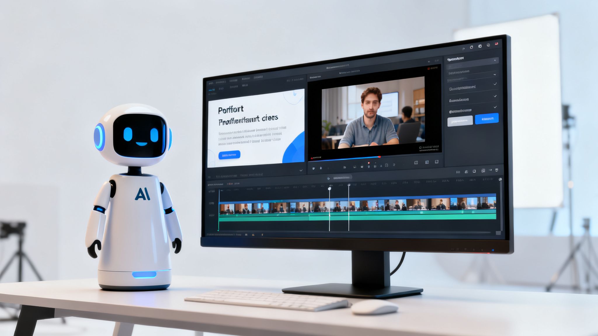 A white AI robot stands next to a monitor displaying video editing software with a man and presentation.