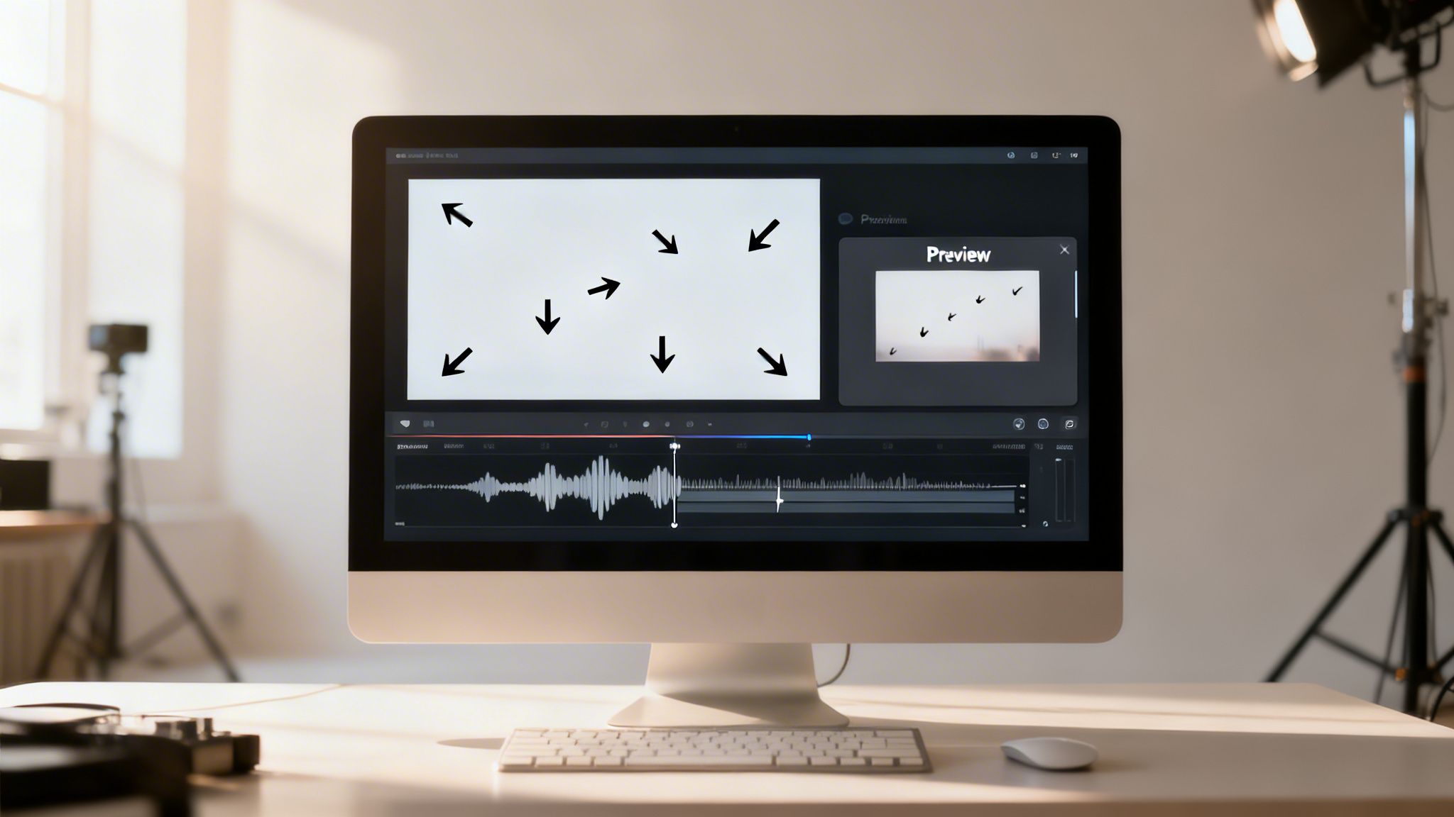 Desktop computer displaying video editing software with a timeline and preview window in a studio.