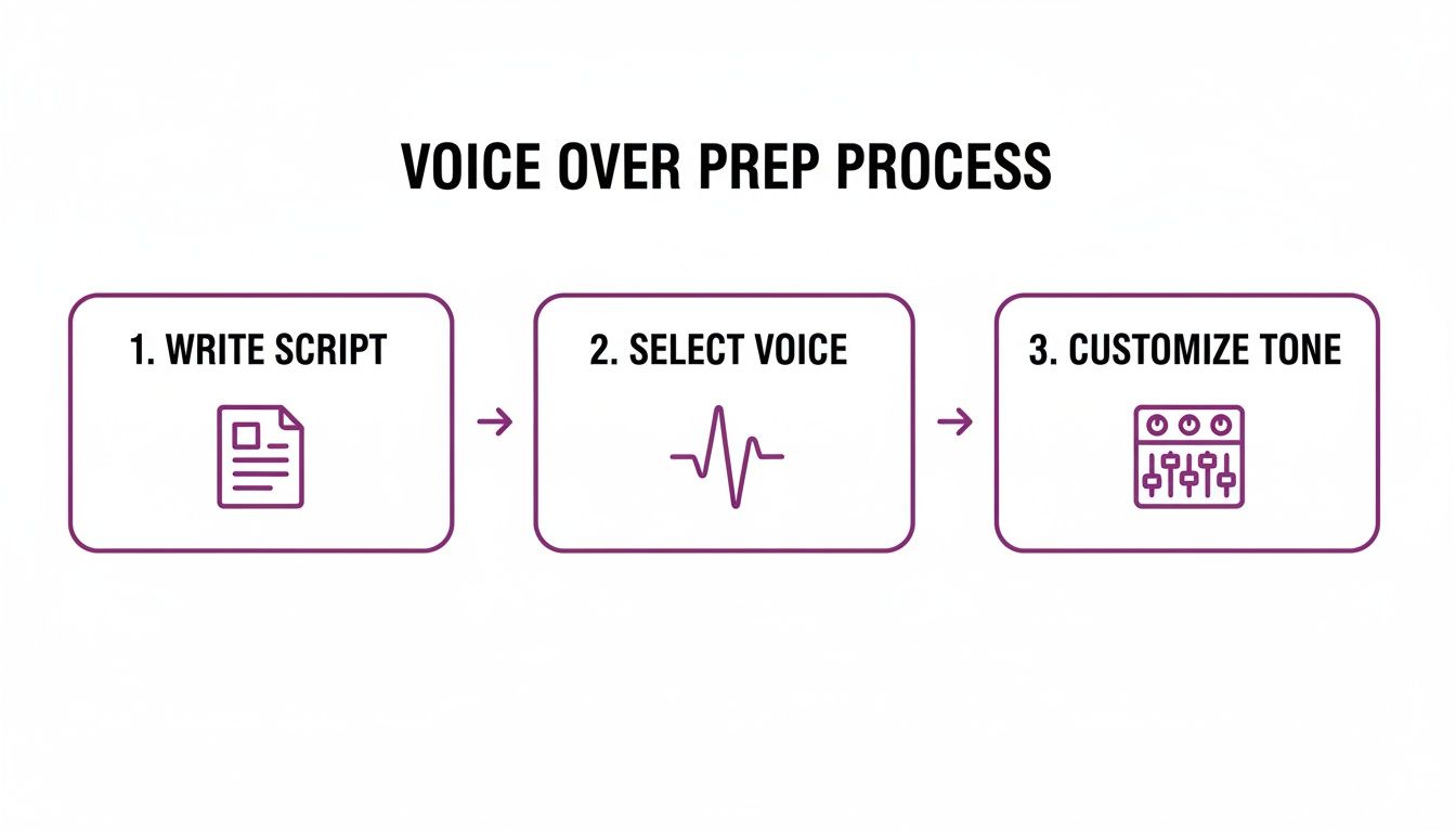 A diagram illustrating the voice over prep process with three steps: write script, select voice, and customize tone.