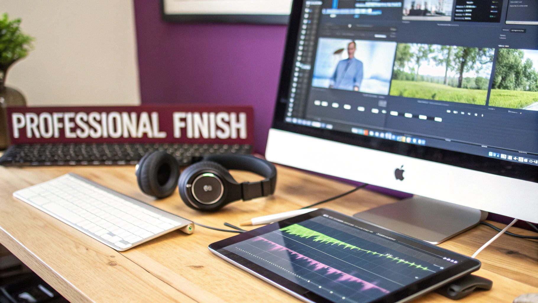 A professional video editing desk setup featuring an iMac, headphones, and a tablet with audio waveforms.