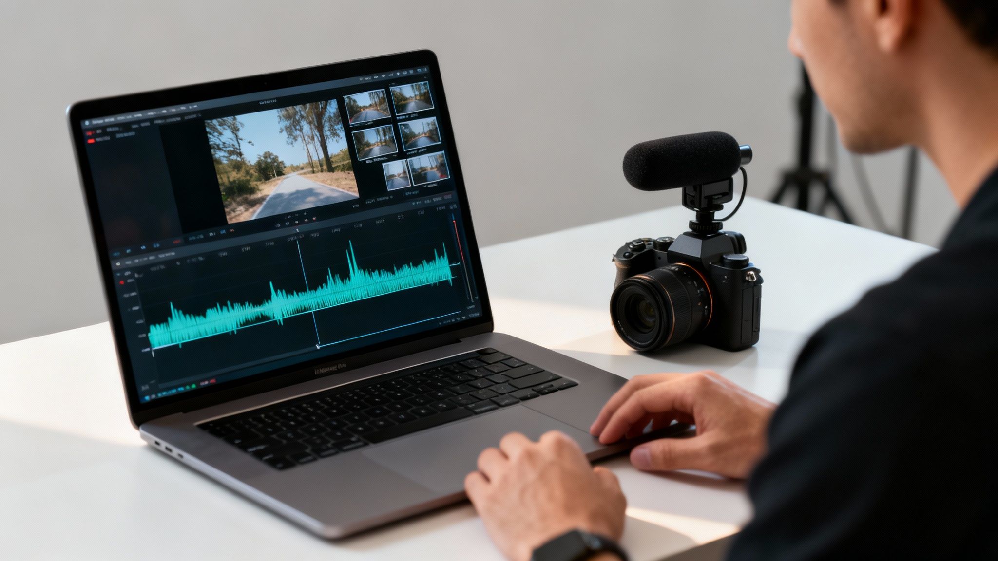 Man editing video footage and audio waveforms on a laptop next to a camera with a mic.