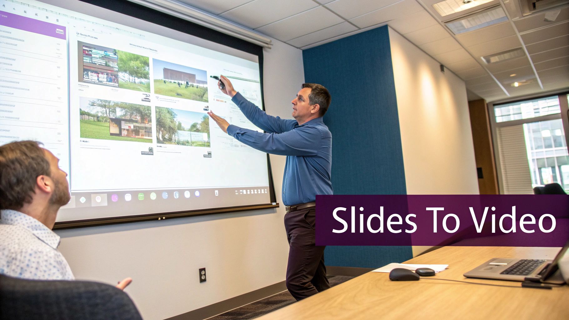 A presenter points at a large screen displaying image slides to another man in an office meeting.