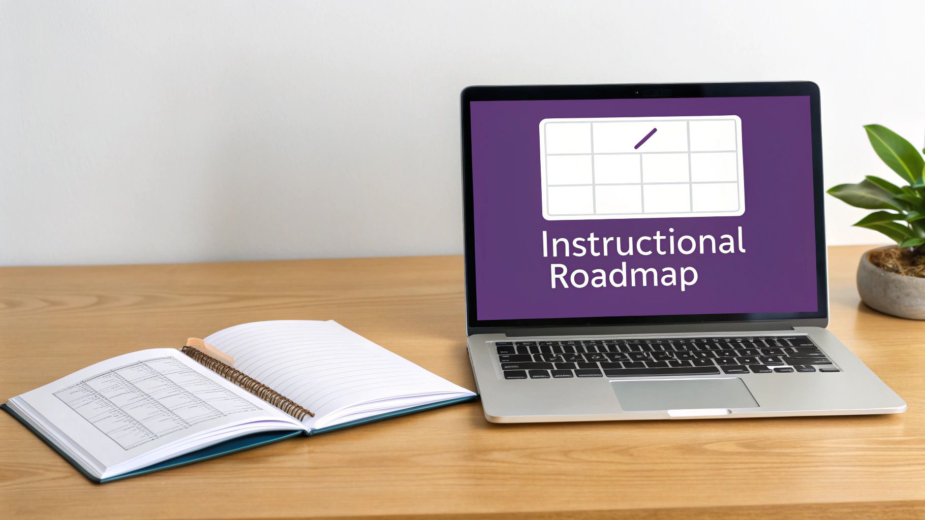 Laptop displaying 'Instructional Roadmap' next to an open notebook and a potted plant on a wooden desk.