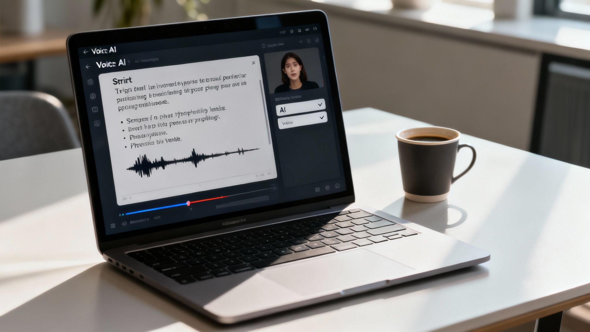 Laptop displaying voice AI software with script and audio waveform on screen